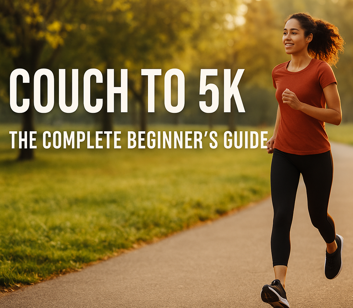 Smiling woman jogging along a park path at sunrise with bold Couch to 5K beginner’s guide text overlay.