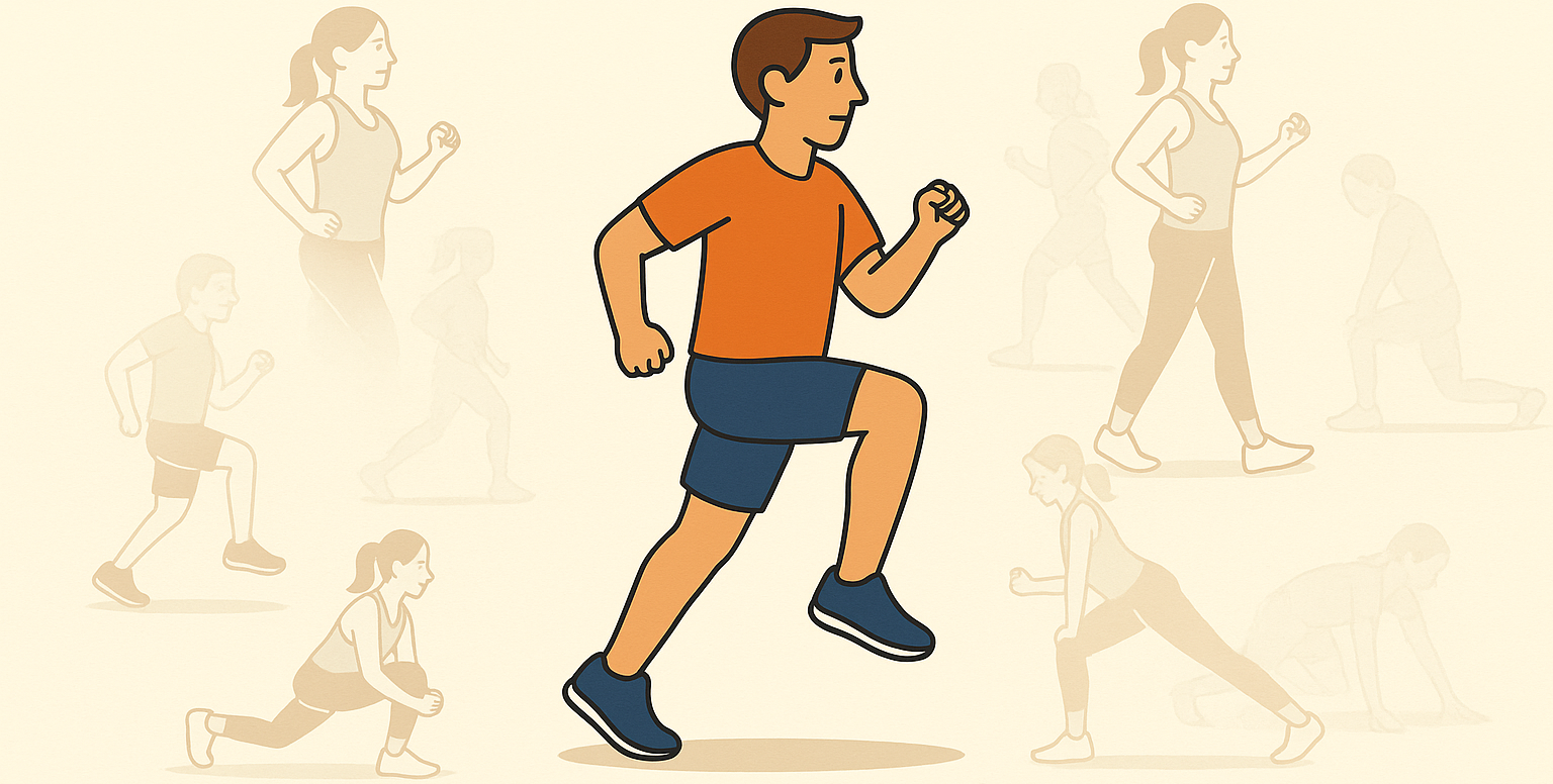 Flat-style illustration of a runner in motion, with faded background figures demonstrating the five dynamic stretches: butt kicks, high knees, walking lunges with twist, leg swings, and inchworms.