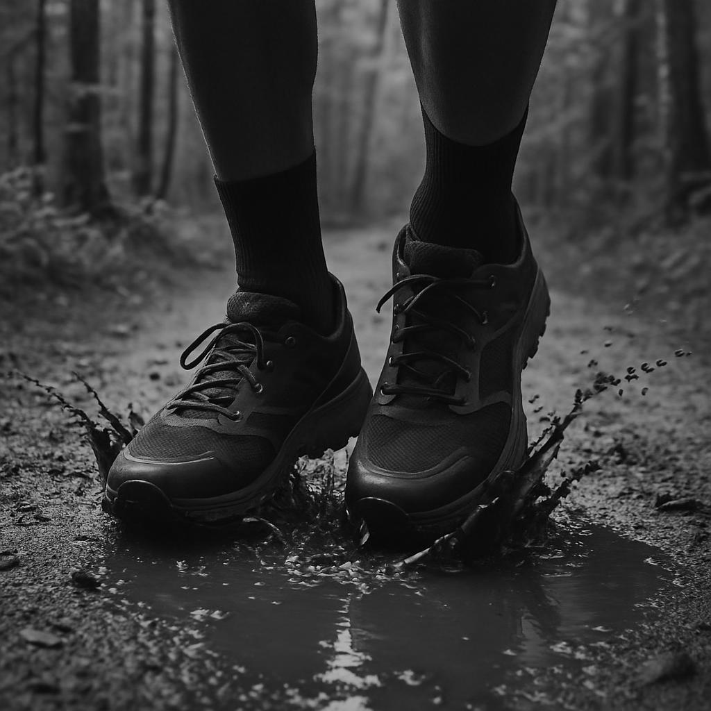 A pair of feet wearing shoes wading through water on a muddy trail.